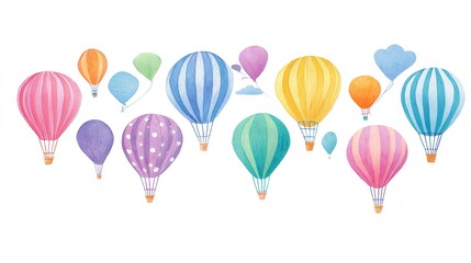 A whimsical flight of colorful watercolor balloons evokes dreams and joy perfect for celebrations against a clean white