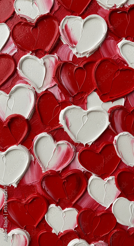 Poster impasto painting of red and white hearts, textured and layered, creating a rich visual depth symboli