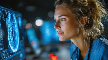 Confident young female doctor wearing scrubs and a stethoscope in a modern hospital stands thoughtfully in front of X-ray displays