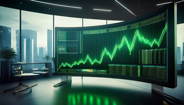 a stock market graph with a green upward trendline displayed on a curved monitor in a high tech trading room - Powered by Adobe
