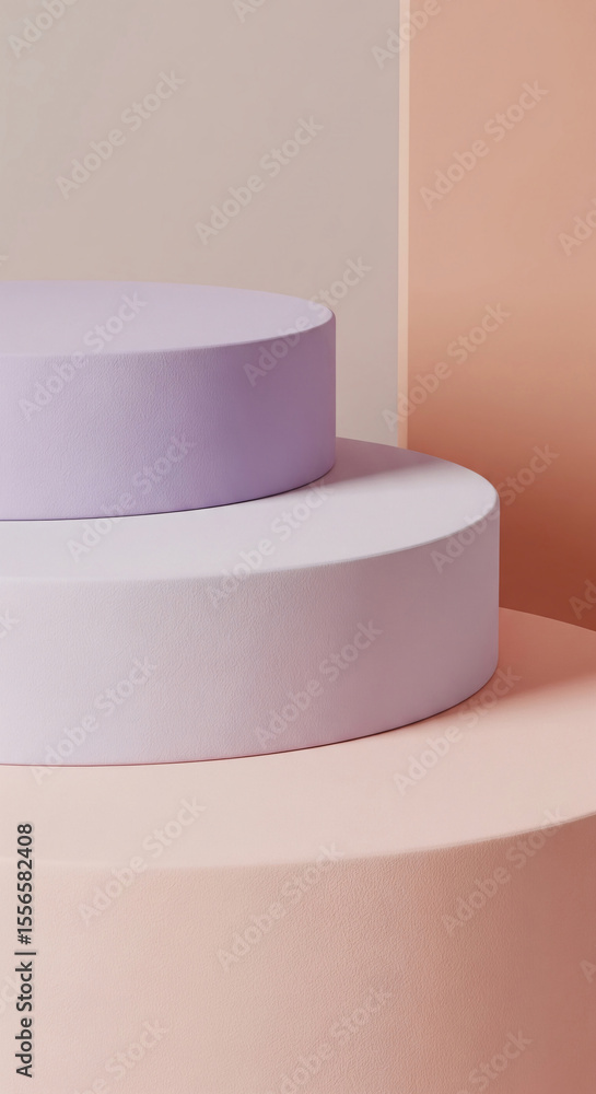 Poster layered pastel podiums, lilac and peach, create a minimalist display scene ideal for product showcas