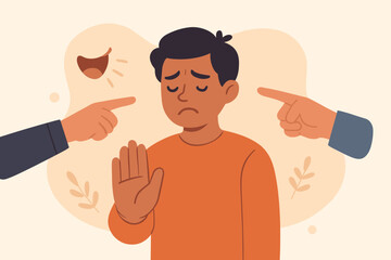 Sad boy facing bullying and mockery, stop bullying gesture, social problems, mental health, emotional abuse, harassment, anti-bullying awareness, cartoon vector illustration