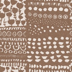 Calm scribble floral minimal shape seamless pattern. Gender neutral baby nursery natural brown linen decor background. Scandi style sketch doodle wallpaper in decorative kid fashion swatch. 