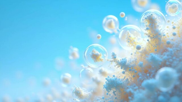 Transparent liposomes with golden active ingredients on blue background, cosmetic delivery system, skincare formulation, biotechnology, pharmaceutical research