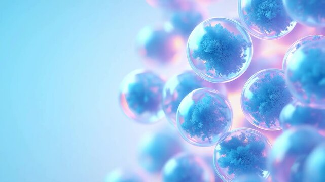 Blue exosomes with complex active ingredient structures on light background, skincare biotechnology, cosmetic therapy, anti aging dermatology research - Powered by Adobe