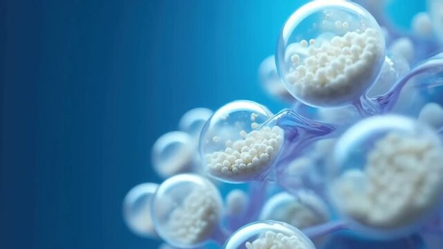 Liposomes with encapsulated active ingredient particles on blue background, cosmetic delivery systems, skincare formulation, pharmaceutical biotechnology research