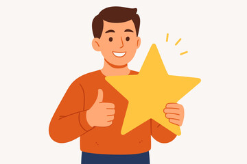 Cartoon man holding large yellow star and showing thumbs up. Five star rating, positive feedback, best performance, customer review, satisfaction, quality evaluation, reward concept illustration