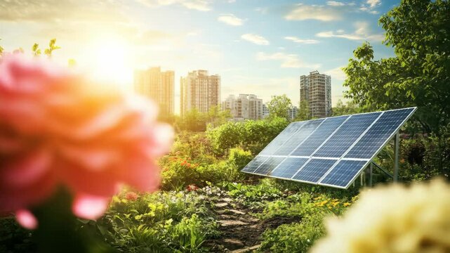 Solar panel in lush garden against city skyline on sunny day.