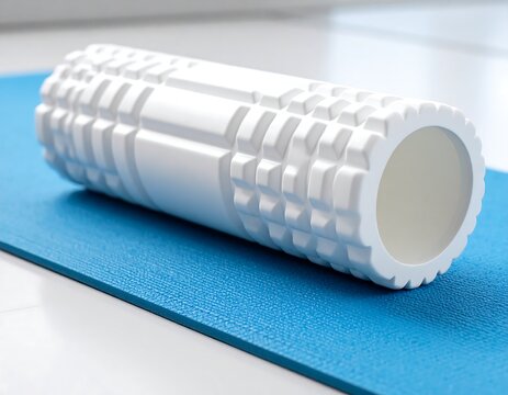 White foam roller on blue mat