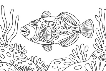 Fototapeta premium Ornate fish swims amidst coral and seaweed. 