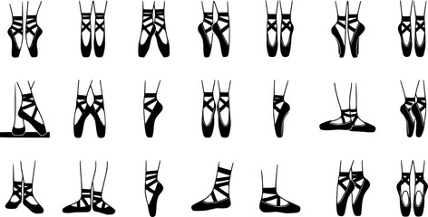 Ballerina footwear icons set. Collection of various pointe shoe icons, showcasing different styles and positions, ideal for dance related projects
