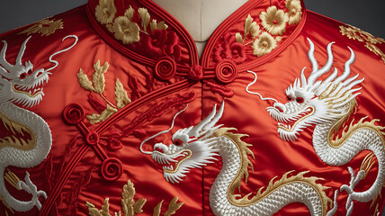 Obraz premium Red silk jacket, embroidered dragons, traditional Chinese design. 