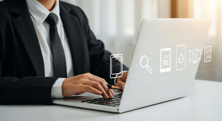 Woman using laptop with business technology icons. Digital marketing and online media concept for internet advertising.
