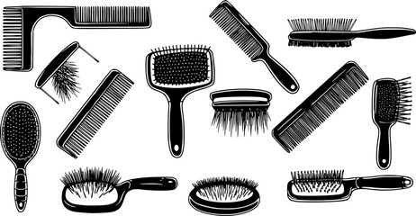 Pet brushes in various shapes and sizes, designed for grooming different types of animals, promoting hygiene and well being
