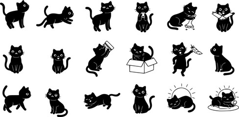 Fototapeta premium Behavior cat icons set. Adorable cats exhibiting various playful poses and activities, presented as a collection of colorful flat design icons 
