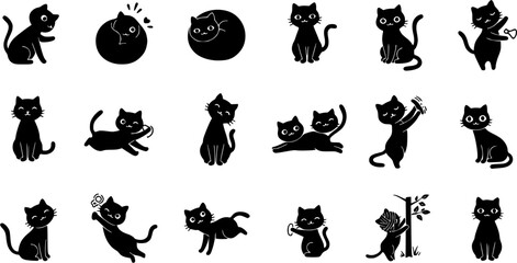 Behavior cat icons set. Adorable cats exhibiting various playful poses and activities, presented as a collection of colorful flat design icons
