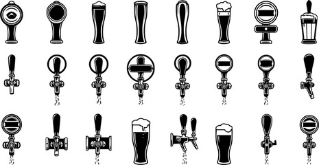 Beer taps icons set. Beer tap handles, dispensing refreshment, one pint at a time, a collection of various beer tap handles
