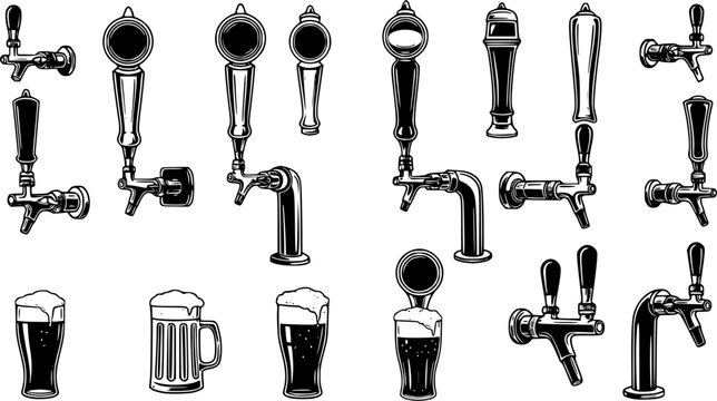 Beer taps icons set. Beer tap handles, dispensing refreshment, one pint at a time, a collection of various beer tap handles
