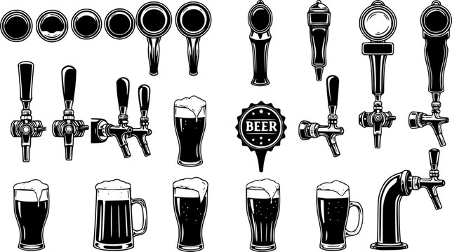 Beer taps icons set. Beer tap handles, dispensing refreshment, one pint at a time, a collection of various beer tap handles
