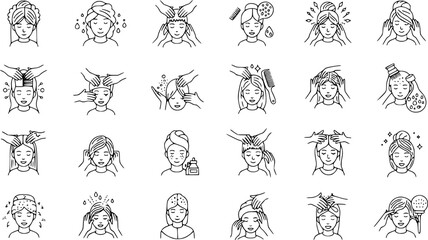 Head massage icons set. Hairdressers massaging clients' scalps, using brushes, combs, and other tools, promoting relaxation and hair health
