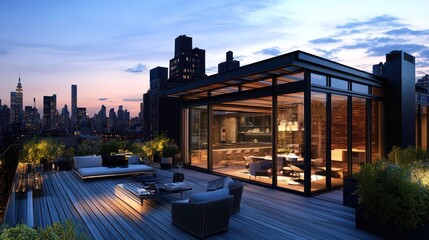 Fototapeta premium Rooftop penthouse terrace overlooking a cityscape at twilight