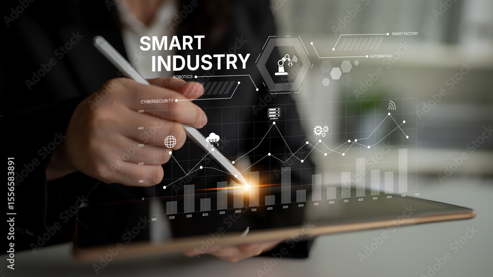 Poster smart industry dashboard combining automation, robotics, cloud integration, cybersecurity, and data 