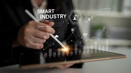 Smart industry dashboard combining automation, robotics, cloud integration, cybersecurity, and data...