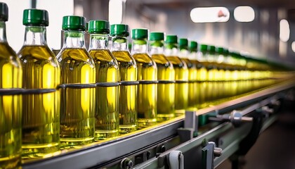 olive oil bottles moving on conveyor belt in bottling plant