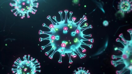 Obraz premium Abstract 3D Render of Glowing Microscopic Virus Particles. Blue and Green Viral Structure, Infection and Disease Concept.