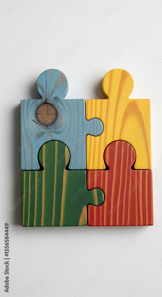 Poster four colorful wooden puzzle pieces interlocked, showcasing unity and collaboration concept, suitable