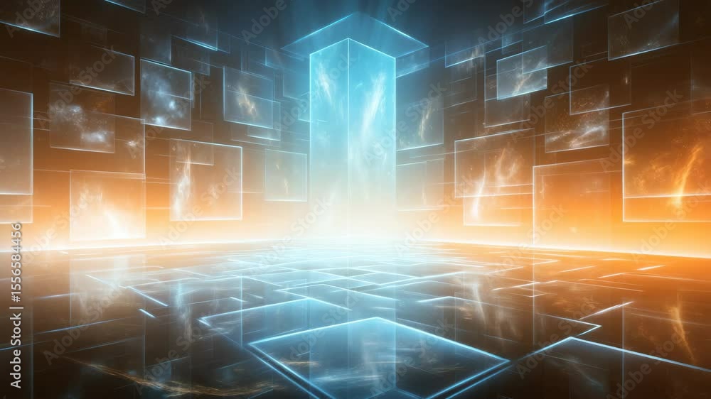 Poster futuristic digital landscape with glowing grids and rectangles. low-angle view creates depth, ideal 