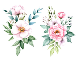Beautiful floral bouquet illustrations set with watercolor hand drawn flowers. Stock  