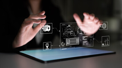 Smart interface showing electric vehicle performance, battery system, power control, charging...