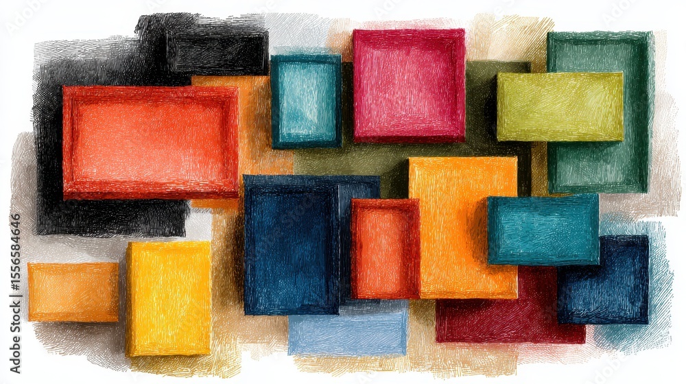 Poster Colorful rectangular boxes depicting an abstract artistic expression on a white background