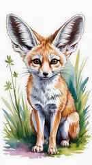 Obraz premium Fennec fox sits amidst desert plants, large ears. 