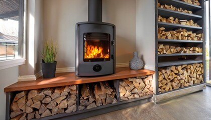 a modern sleek wood burning stove nestled within a stone tiled fireplace flanked by built in shelving units neatly stacked with firewood the fire within burns brightly casting a warm glow