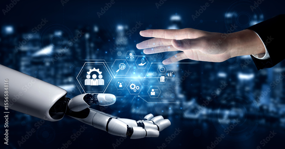 Poster ai optimizing business management system, enhancing productivity, tracking progress, analyzing perfo