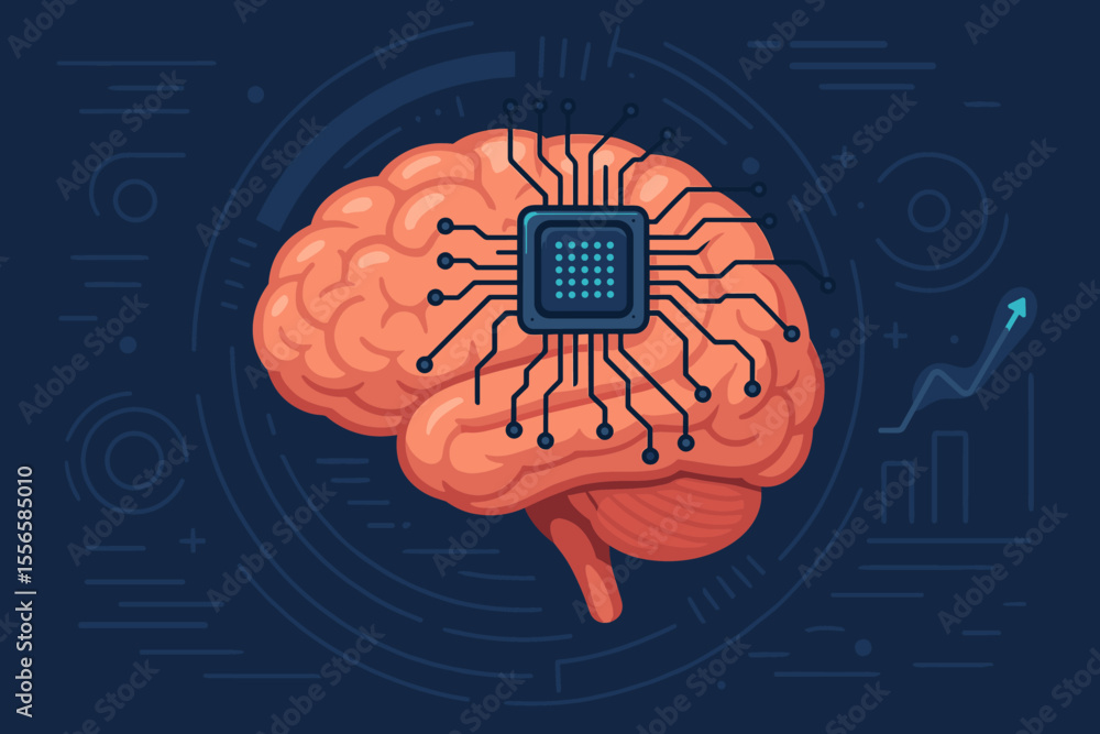 Poster human brain with embedded microchip and neural circuits symbolizing artificial intelligence, brain-c