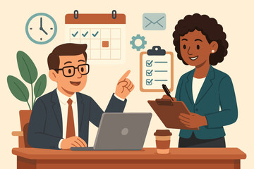 Office teamwork collaboration, manager and assistant planning schedule, coordinating tasks, business meeting, checklist, calendar, laptop, time management, vector illustration, workplace organization