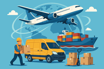 Global Cargo Delivery and Logistics Transportation Concept. Airplane, Cargo Ship, Delivery Van, Worker, Shipping Boxes, Worldwide Freight, International Export Import, Supply Chain Vector Illustration