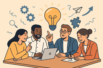 Diverse business team brainstorming creative solutions, collaboration, teamwork, innovation, problem solving, idea generation, office meeting, strategy planning, cartoon vector illustration