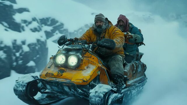 A man riding on a snowmobile in the mountains