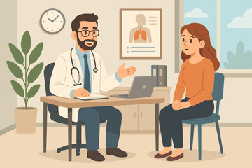 Medical consultation with female patient in modern clinic office. Doctor explains diagnosis, healthcare advice, professional discussion, checkup, health assessment, cartoon vector illustration