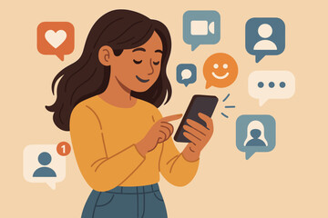 Young woman using smartphone for social media communication, receiving notifications, chatting, connecting with friends online, video calls, messaging apps, digital lifestyle vector illustration