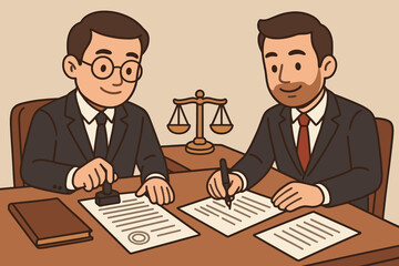 Notary public and businessman signing and stamping legal documents for certification and validation. Law office agreement approval. Contract authorization. Justice scale. Vector cartoon illustration.