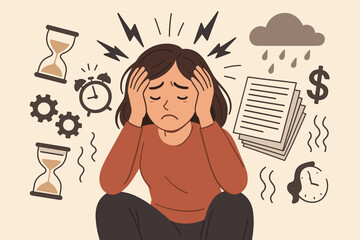 Stressed overwhelmed woman surrounded by deadlines, paperwork, money problems, time pressure, anxiety, mental health crisis, burnout, emotional overload, depression, cartoon vector illustration