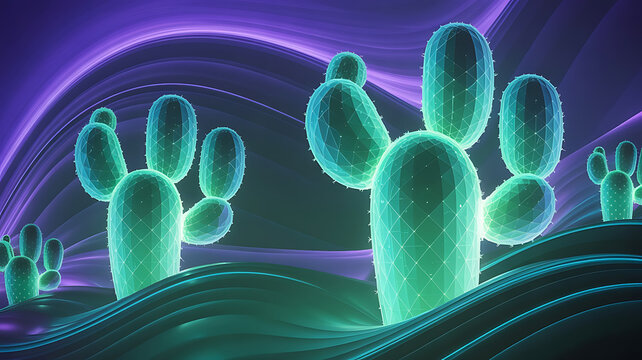 Glowing teal cacti in a dark, swirling landscape.
