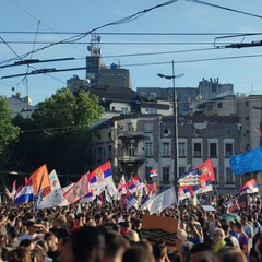 Obraz premium Student protest with Serbian flags on Vidovdan, Belgrade, June 28, 2025