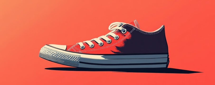 Illustrative Side View of a Classic Red Canvas Sneaker on an Orange Background Showcasing Details and Shadows in a Stylish Digital Artwork