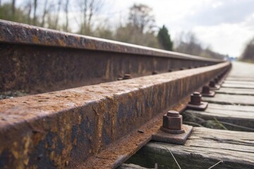 Close-up of weathered and rusted railroad tracks with wooden ties
